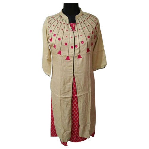 Cream Ladies Casualwear And Dailywear Handmade Embroidery Cotton Fabric Kurti