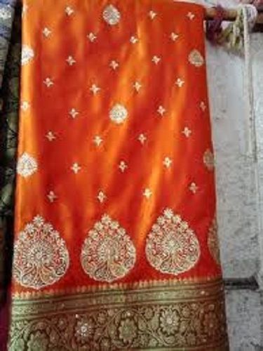 Party Wear Orange And Golden Colour Ladies Cotton Silk Saree With Stone Work