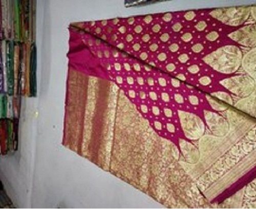 Party Wear Pink Golden Colour Fancy Design Ladies Cotton Silk Saree With Patch Work