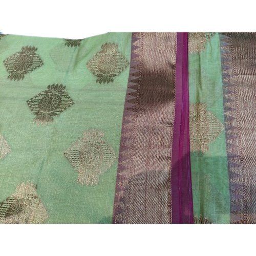 South Simple Elegant And Stylish Look Formal Wear Green With Golden Printed Cotton Saree