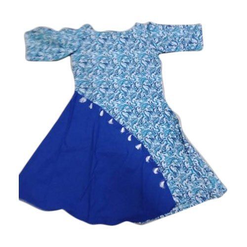 Blue Umbrella Half Sleeve Ladies Printed Cotton Kurti For Casual And Regular Wear