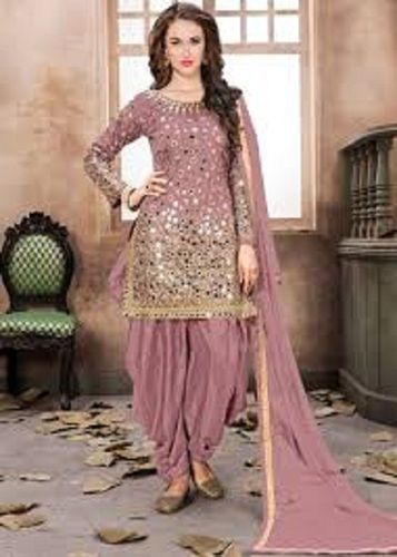 Pink Old Rose Taffeta Silk Punjabi Suit With Mirror Work For Regular And Casual Wear