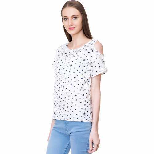 Summer 100 % Cotton White Galaxy Print Stalk Cold Shoulder Top For Casual Wear