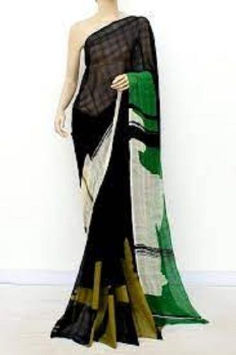 Casual Fancy Lightweight Printed Banarasi Pure Cotton Silk Black And Green Colour Ladies Saree