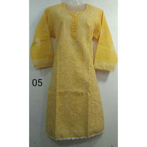 Traditional Elegant Beautiful And Breathable Full Sleeve Yellow Chikan Cotton Kurti Decoration Material: Paint