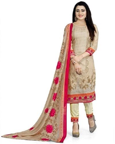 Brown And Pink Womens Beige Cotton Printed Unstitched Salwar Suit With Attractive Dupatta