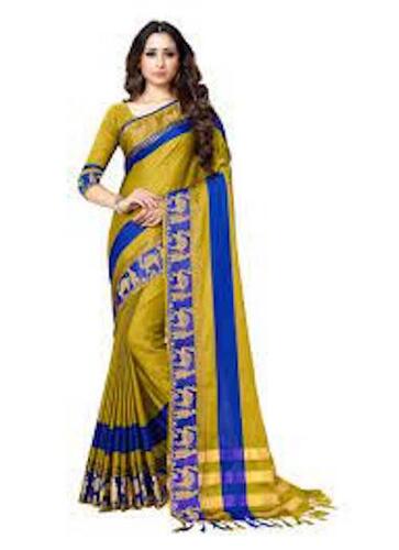 Blue And Yellow Colour Ladies Banarasi Cotton Silk Saree With Attractive Patch Work