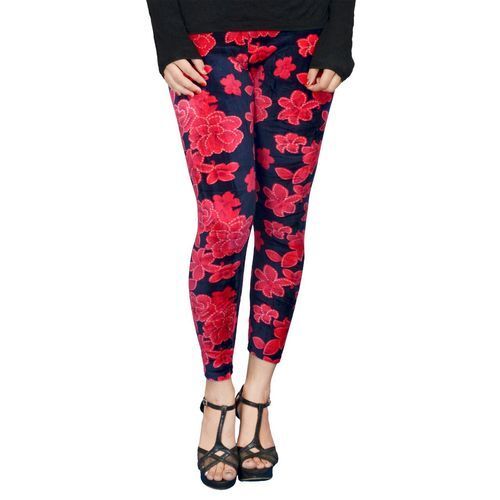 No Fade Black And Red Printed Stretchable, Soft And Breathable Full Length Cotton Lycra Leggings For Ladies