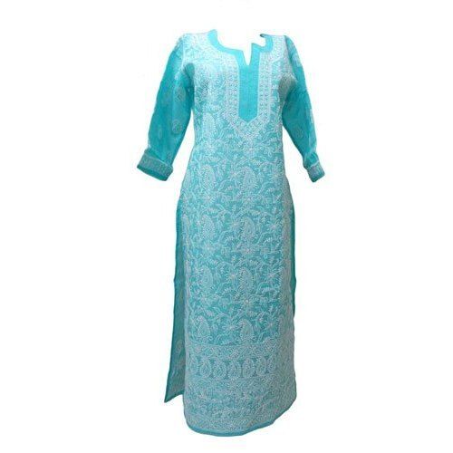 Elegant Beautiful And Breathable Blue Ladies Cotton Chikankari Embroidered Kurta Decoration Material: Ribbons