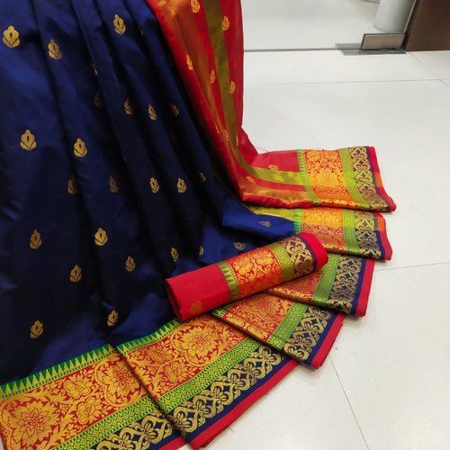 Blue Traditional Elegant Beautiful And Breathable Party Wear Real Zari Gold Cotton Saree