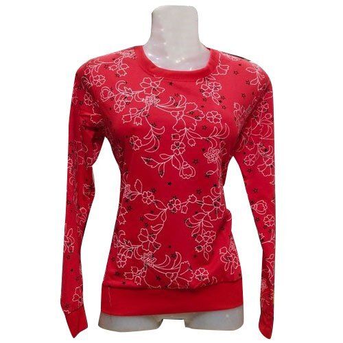 Red Colour Printed Full Sleeves Round Neck Breathable Party Wear T Shirt For Ladies Age Group: Above 18