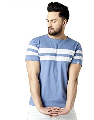 Cotton Sky Blue Half Sleeves Round Neck Mens T Shirt For Casual And Party Wear 