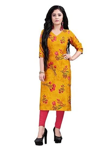 Printed Yellow Color Crepe A Line Kurti With Short Sleeve For Casual Wear