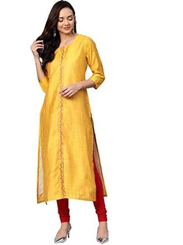 Plain Golden Color and Short Sleeve Women Silk Kurti For Casual Wear