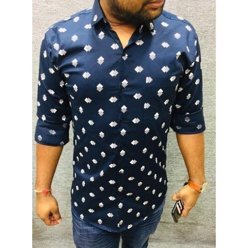 Blue Summer Poplin Printed Full Sleeves Men Cotton Fabric Shirt For All Occasion