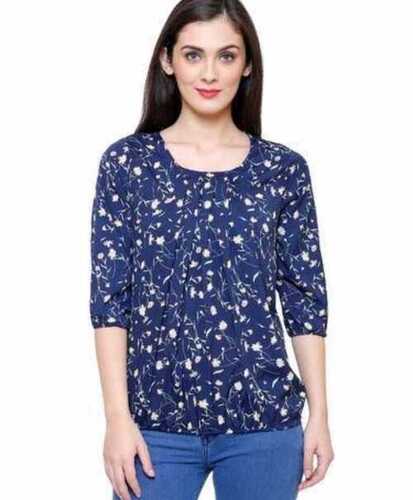 Blue 100 Percent Pure 3/4 Sleeve Cotton Printed Ladies Top