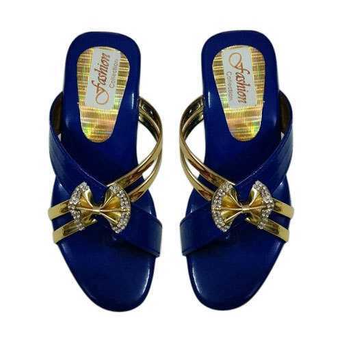 Comfortable Blue And Golden Fancy Ladies Slippers For Party Purposes 