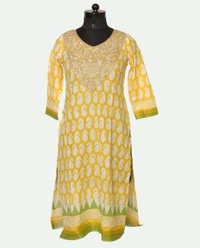 Printed Yellow Casual Wear V Neck 3/4th Sleeve Cotton Kurti For Ladies