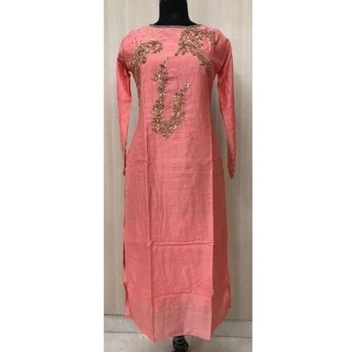 Party Wear Pink Colour Full Sleeve Ladies Silk Straight Kurti Decoration Material: Stones