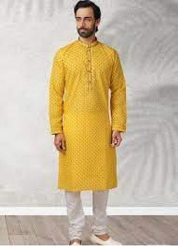 Yellow Mens Traditional Wear Full-Sleeves And Button-Down Neckline Pure Cotton Kurta Pyjama Set