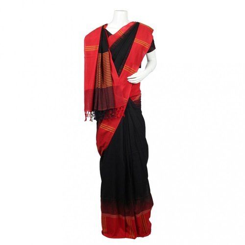 Black With Red Attraction Plain Beautiful Cotton Silk Saree For Ladies