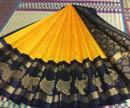 Gorgeous And Beautiful Yellow With Black Designed Border Wedding Wear Attractive Silk Cotton Saree