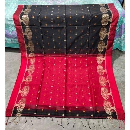 Winter Red And Black Printed Work Cotton Silk Saree With Blouse Set For Ladies 