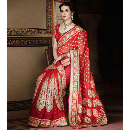 Party Wear Womens Beautiful And Heavy Zari Silk Blend Red Bridal Saree With Unstitched Blouse