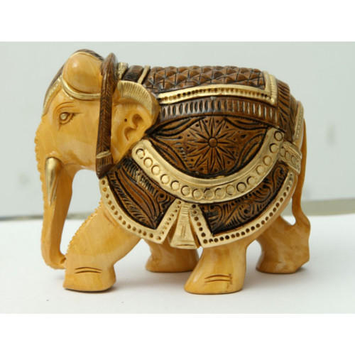  लकड़ी का हाथ से नक्काशीदार भूरा हल्का वज़न और स्टाइलिश हाई क्वालिटी और गोल्डन पेंटेड हाथी 