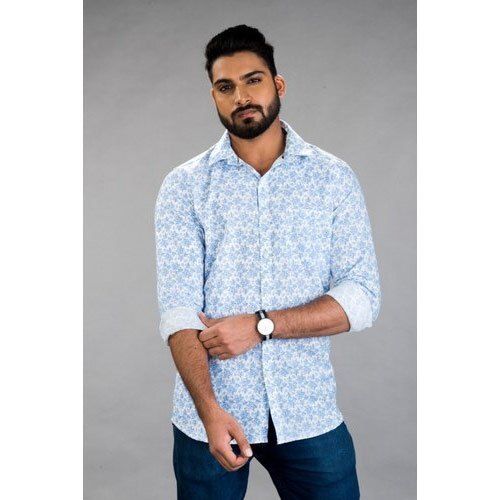 Men Light Weight Comfortable Collar Neck Full Sleeves White Blue Printed Shirt Age Group: All Sizes