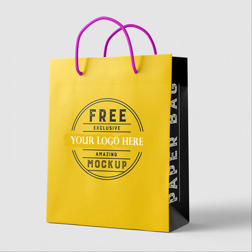 Paper Carry Bags - Single Compartment, 4-7 Inch Rectangular Shape, Yellow Printed Design - Biodegradable, Disposable, Moisture Proof with Rope Handle and Aqueous Coating