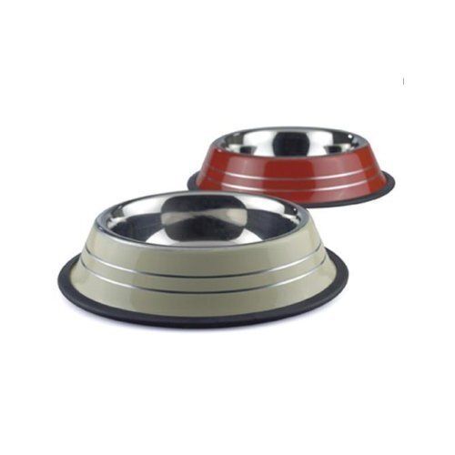 Strong Round Grey And Red Stainless Steel Dog Feeding Bowl
