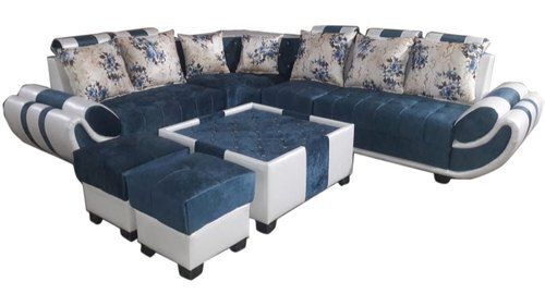 Machine Made  Center Table And Two Puffies Royal Blue & Off White Color Wooden Sofa Set