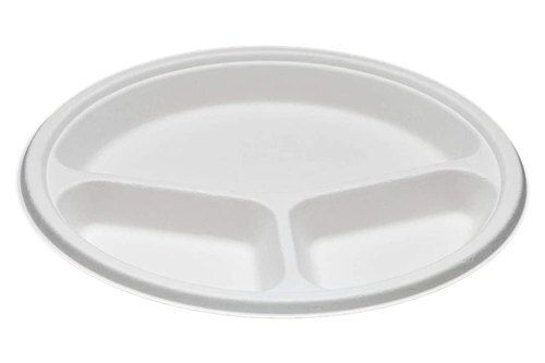 Eco-Friendly ,Made From 100% Sugarcane Bagasse Disposable 3 Compartment Plates 10 Inch, Pack Of 50