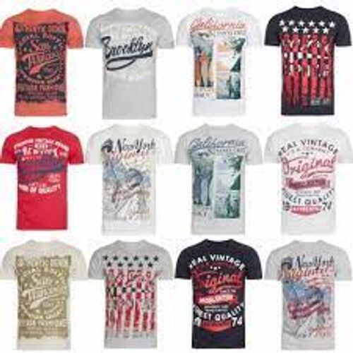 Natural Multi Color Short Sleeves Comfortable Skin Friendly Round Neck Printed T-Shirts For Men'S