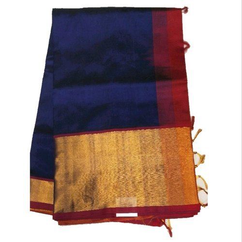 Plain Dark Blue And Golden Party Wear Bhagalpuri Silk Ladies Saree For With Blouse Piece Set 