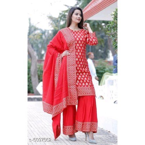 Indian Women Fashionable Round Neck 3/4 Sleeve Red Printed Cotton Palazzo Suit 