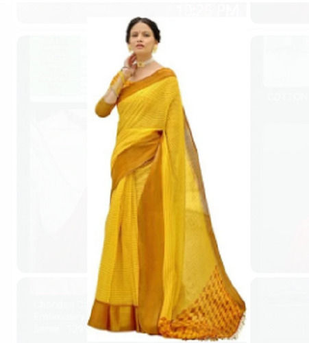 Breathable And Easily Washable Fancy And Stylish Yellow Traditional Cotton Sarees