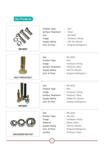 Corrosion Resistant Mild And Stainless Steel Hex Bolts, Nuts And Washers Application: Industrial