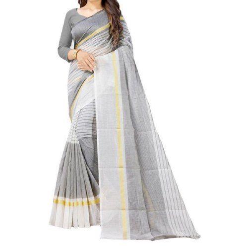 Grey And White Beautiful Stylish Breathable Designer Wear Modern Trendy Cotton Saree For Ladies