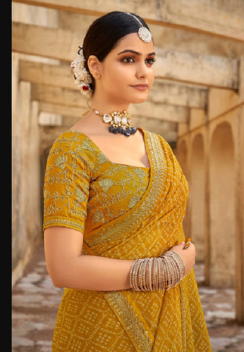 Buy Siril Printed, Striped, Embellished Bandhani Georgette Green, Gold  Sarees Online @ Best Price In India | Flipkart.com