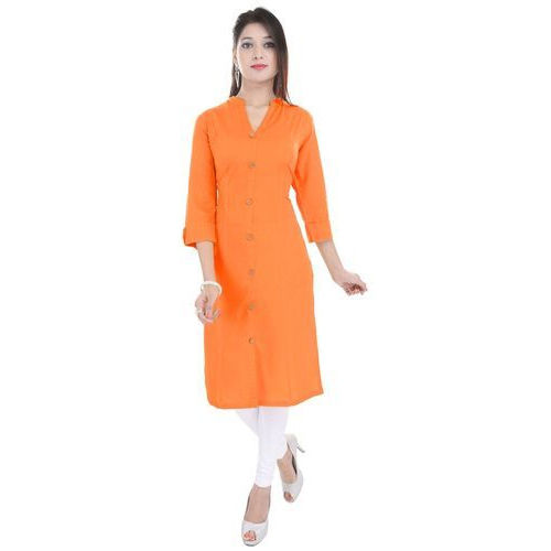 Soft Comfortable Trendy Casual Plain Short-Sleeves Cotton Orange Coloured Kurti 