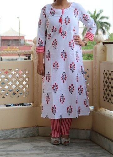 Breathable White Printed Round Neck 3/4-Th Sleeve Simple Elegant And Stylish Look Designer Kurti For Ladies 