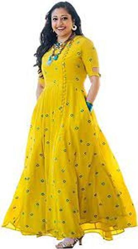  For Women Fabric Embroidery Mirror Work Yellow Rayon Kurti With 3/4 Sleeve