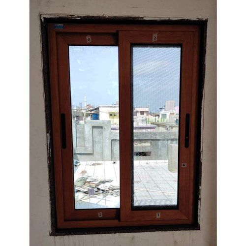 Brown Wooden Frame With Aluminium Glass Rectangle Shape Slidding Window