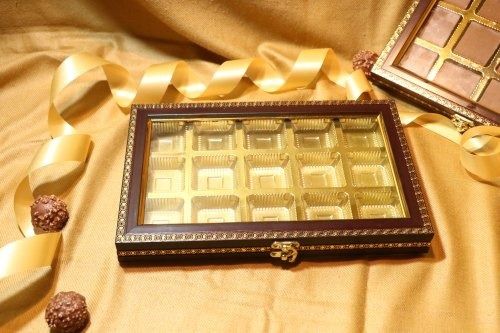 Golden And Brown Rectangular Wooden Chocolate Packaging Boxes