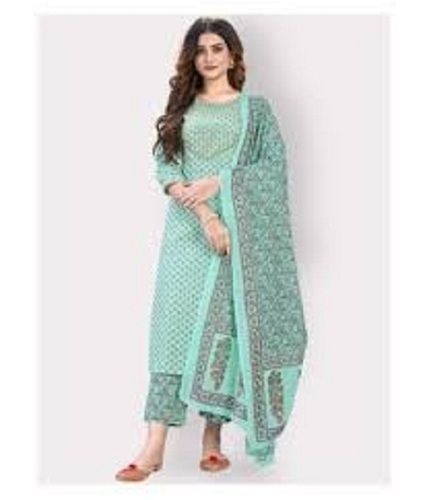 Ladies Comfortable Skin Friendly 3/4 Sleeves Round Neck Green Suit With Dupatta  Decoration Material: Cloths