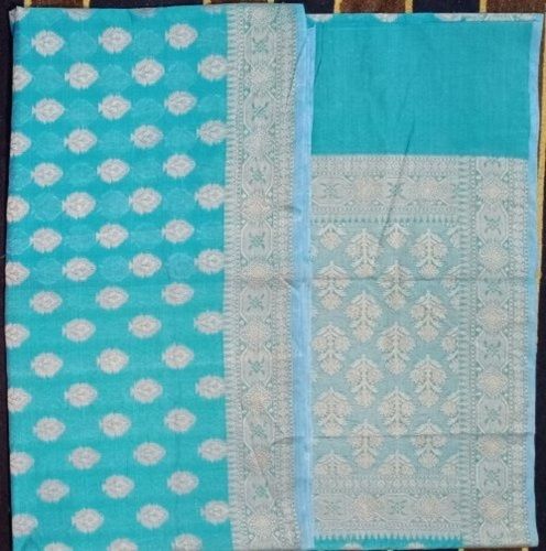 Women Beautiful And Fashionable Sky Blue Printed Silk Cotton Saree Party Wear