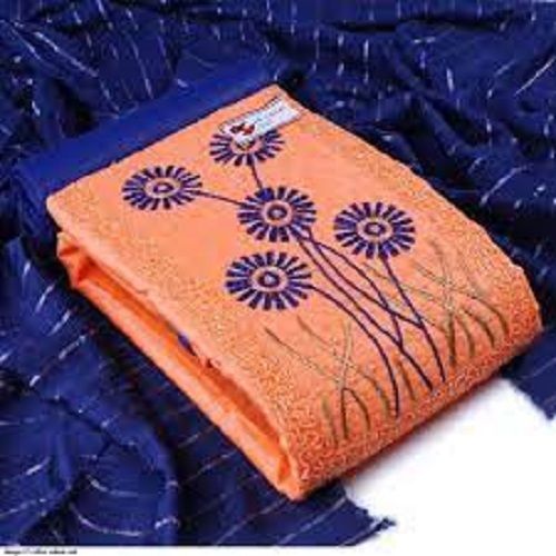 Orange And Blue Printed Cotton Unstitched Ladies Suit For Casual Suit