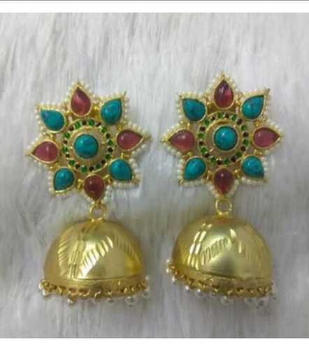 Meenakari With Stone Stylish Jhumka Earrings In Nickel Free Brass Material Gender: Women